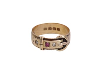 Antique 18ct Gold Diamond Ruby Buckle Ring, 1882