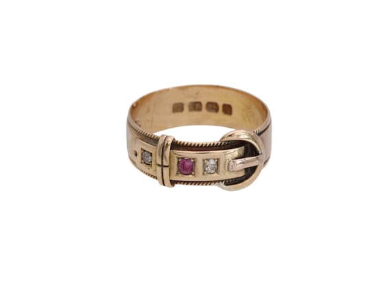 Antique 18ct Gold Diamond Ruby Buckle Ring, 1882 - image 1