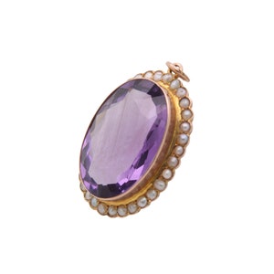 Antique 9ct Gold Amethyst & Seed Pearl Cluster Pendant, 16ct