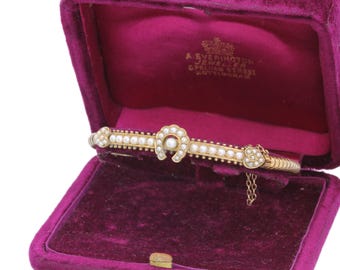 Antiker 9 Karat Gold-Zuchtperlen-Hufeisen-Armreif, Edwardian c.1901
