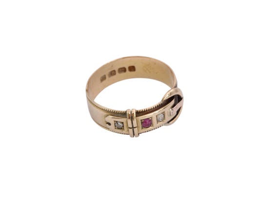 Antique 18ct Gold Diamond Ruby Buckle Ring, 1882 - image 8