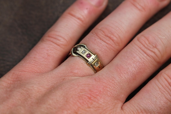 Antique 18ct Gold Diamond Ruby Buckle Ring, 1882 - image 4