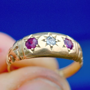 Antique 18ct Gold Diamond Ruby Gypsy Set Ring, 1915