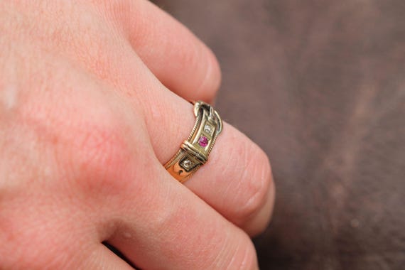 Antique 18ct Gold Diamond Ruby Buckle Ring, 1882 - image 6