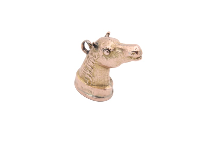 May include: A detailed, gold-colored horse head pendant. The pendant features a textured mane and a loop for a chain. The horse head is angled slightly to the right, showcasing its detailed features. The pendant is set against a white background.