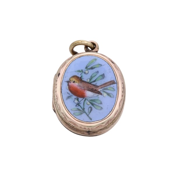 Antique Victorian 9ct Gold Robin Enamel Locket