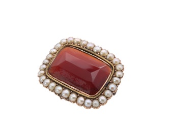 Antique Victorian 9ct Gold Carnelian, Pearl Brooch, Hidden Locket