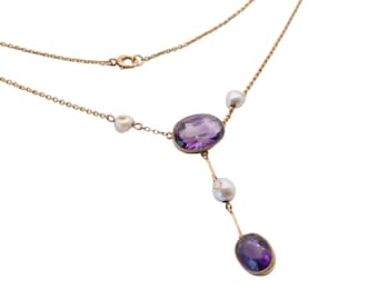 Antike Edwardian 15 Karat Gold, Amethyst & Perlen Halskette, c.1900