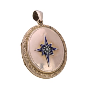 Antique 9ct Gold Blue Enamel Star Pearl Locket