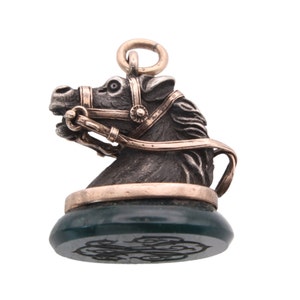 Antike 9 Karat Gold & Silber Blutstein Pferd Anhänger Fob