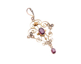 Antique Edwardian Art Nouveau 9ct Gold Garnet & Seed Pearl Pendant