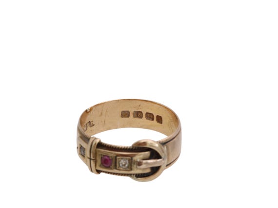 Antique 18ct Gold Diamond Ruby Buckle Ring, 1882 - image 3