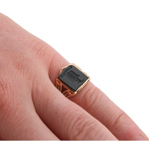 May include: A gold signet ring featuring a rectangular black onyx inlay with a shield-shaped crest engraved on the surface. The metal band displays intricate cut-out detailing along the sides, providing a structured and ornate appearance.