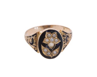 Antique Victorian 15ct Gold Black Enamel Forget Me Not Flower Ring