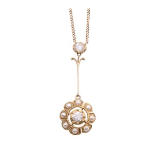 Antique 15ct Gold Diamond Pearl Cluster Necklace Pendant, .5ctw