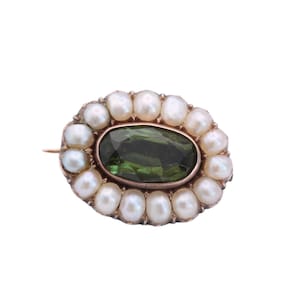 Antique 9ct Rose Gold Peridot & Pearl Brooch