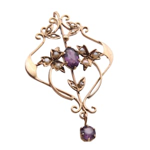 Antique 9ct Yellow Gold Amethyst Lavalier Ivy Motif Pendant