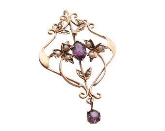 Antique 9ct Yellow Gold Amethyst Lavalier Ivy Motif Pendant