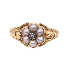 Antique Victorian 18ct Gold Diamond Pearl Flower Ring