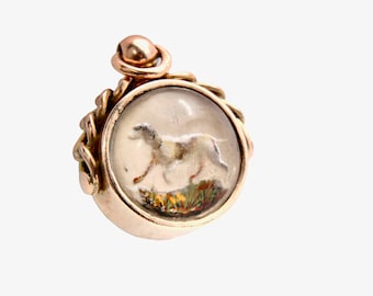 Antique 9ct Rose Gold Essex Crystal Dog Scene Compass Pendant