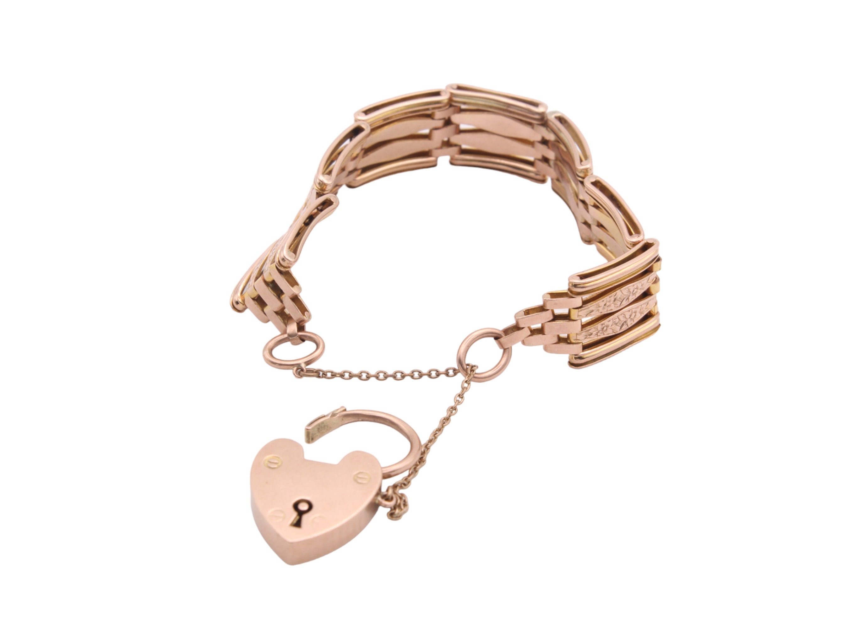 Antique 9ct Gold Forget-me-not Flower Gate Bracelet Padlock, 20g