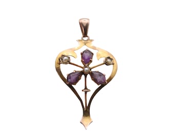 Antique 9ct Gold Amethyst & Seed Pearl Flower Pendant