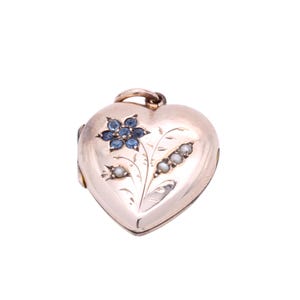 Antique 9ct Gold Blue Paste & Pearl Flower Heart Locket