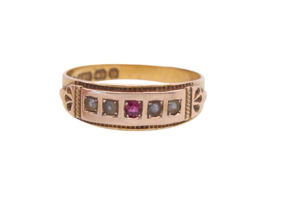 Antique 15ct Gold Ruby & Pearl Gypsy Ring - image 1