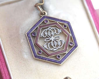 Antique French 18ct Gold Enamel Diamond Pendant With Original Box