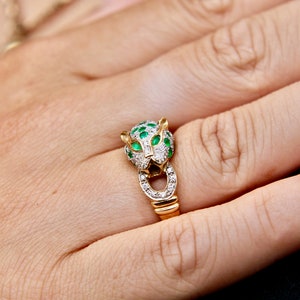 18ct Gold Diamond and Emerald Panther Ring