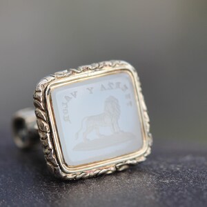 May include: A square ring with a gold-colored frame and a light-colored, possibly mother-of-pearl, center. The center features a lion engraving and text. The ring has a decorative, twisted band.