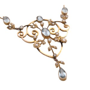 Edwardian 9ct Gold Aquamarine & Pearl Pendant Necklace