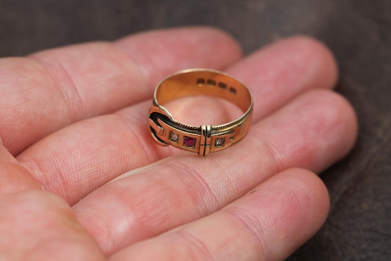 Antique 18ct Gold Diamond Ruby Buckle Ring, 1882 - image 7