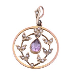 Antique 9ct Gold Amethyst Pearl Pendant