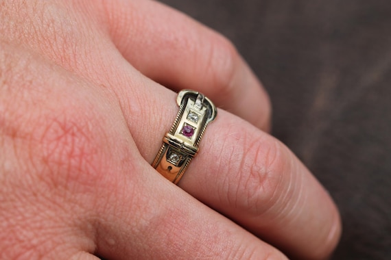 Antique 18ct Gold Diamond Ruby Buckle Ring, 1882 - image 5