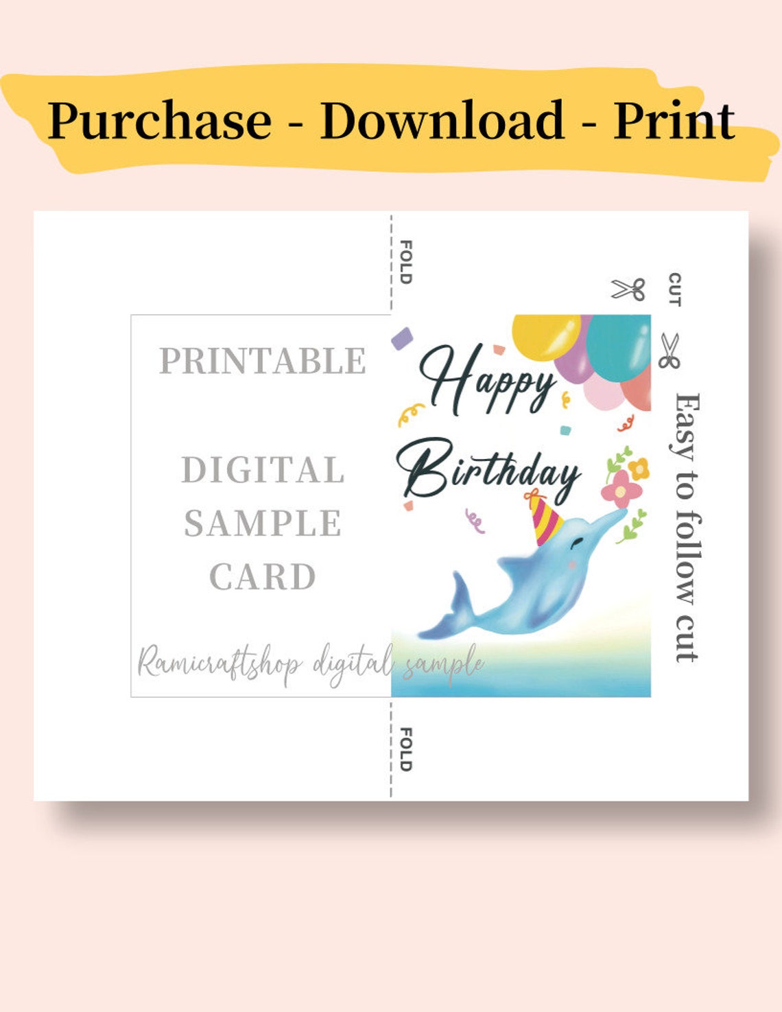 Printable Dolphin Birthday Card, 4x5.5 Greeting Card (PDF), Instand ...