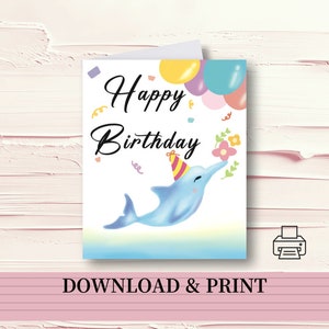 Printable Dolphin birthday card, Instand Digital download, Downloadable 4x5.5 Greeting Card, Printable Envelope, PDF
