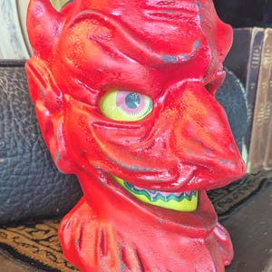 Paper Mache Style Creepy Devil Head Lantern with face insert
