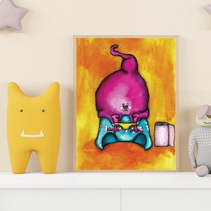 May include: A whimsical illustration of a pink creature with a blue and white patterned cape sitting on a toilet. The illustration is set against a yellow background and framed in a wooden frame.