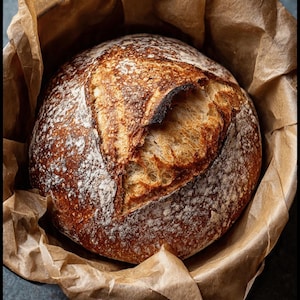 Könnte beinhalten: Ein rundes Brot, frisch gebacken, mit goldbrauner Kruste, mit Mehl bestäubt und in einer mit Pergament ausgekleideten Schüssel gebacken. Das Brot hat ein rustikales Aussehen mit einer eingeschnittenen Oberfläche.
