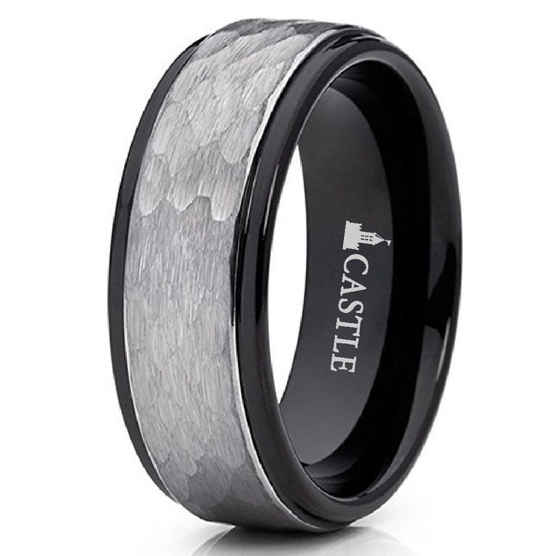 Black Tungsten Carbide 6mm or 8mm Comfort Fit Grey Brushed Hammered Center Wedding Band with Free Custom Engraving Lord and Lady Tisdale