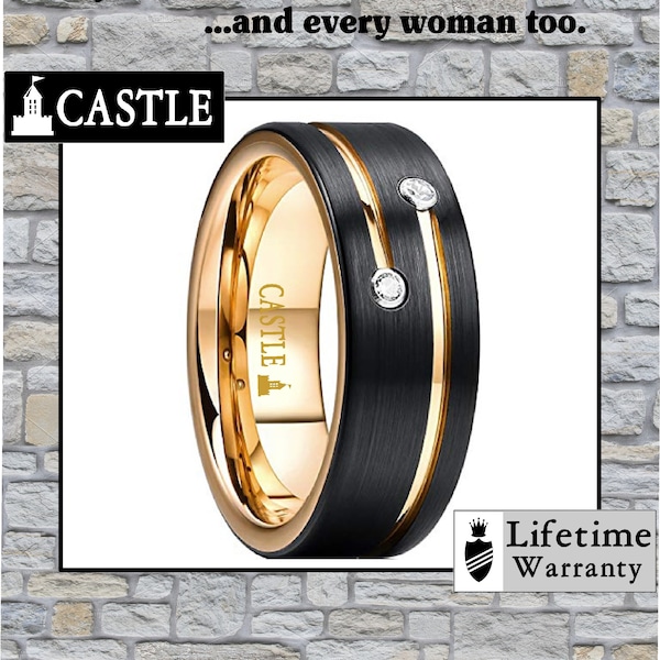 Duke of Eastwick - Black and Gold Tungsten 8mm Grooved Line Cubic-Zircon Comfort Fit Wedding Band