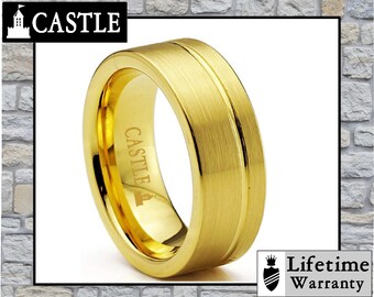 King Harold - Flat Brushed Offset Groove 8mm Comfort Fit Gold Tungsten Wedding Band