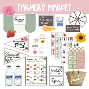 Pretend Play farmers market printables for kids - grocery store and flowers