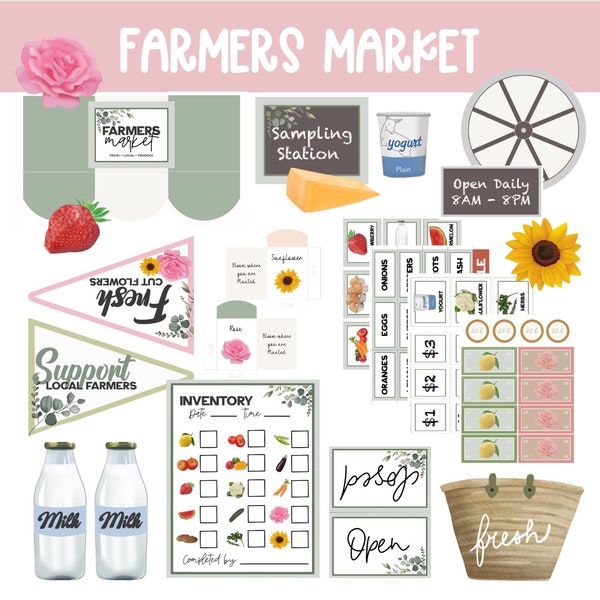Pretend Play Farmers Market imprimables pour les enfants - épicerie et fleurs