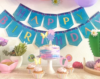 Birthday party printables inspired by Encanto character Mirabel (cake toppers, cupcake toppers, birthday sign, farmable art and more)