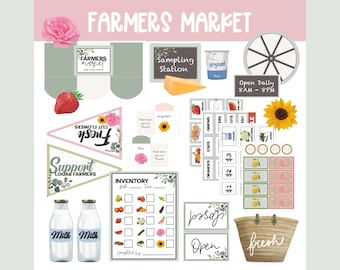May include: A colourful illustration of a farmers market with a variety of items for sale, including fresh produce, flowers, milk, yoghurt, and eggs. The illustration includes signs that say "Farmers Market", "Sampling Station", "Open Daily 8AM - 8PM", "Support Local Farmers", and "Fresh".