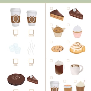 May include: Order sheet with illustrations of coffee, pastries, and other cafe items. Choose between big or small coffee, iced or hot, whole or slice cake, and more.