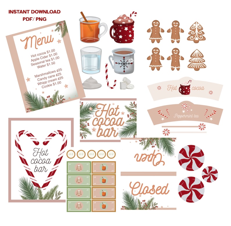 May include: Printable digital download of a hot cocoa bar sign with a red and white candy cane border, a green and brown pine branch background, and the text "Hot cocoa bar". There are also printable signs for "Hot cocoa", "Peppermint tea", "Open", and "Closed".