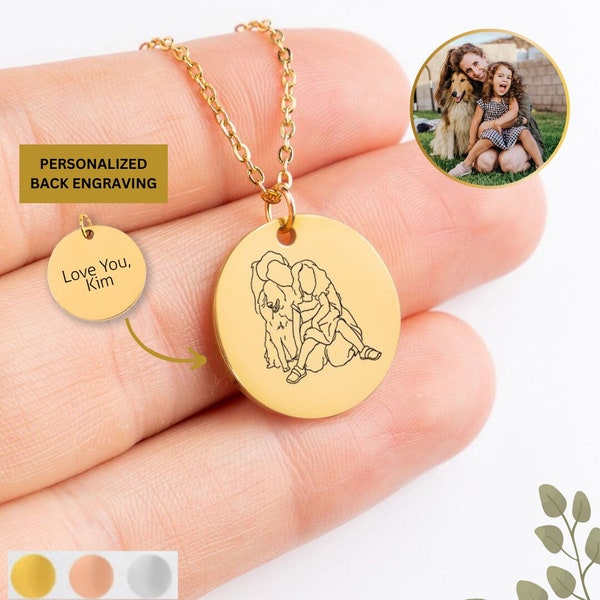 Collier de dessin de ligne personnalisé, collier de photo d'animal de compagnie d'art de ligne, collier personnalisé avec l'image gravée, cadeaux pour lui